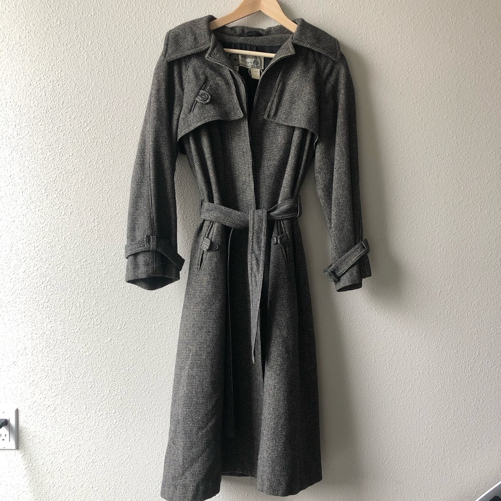 Vintage 100% Wool Houndstooth Trench & Scarf
